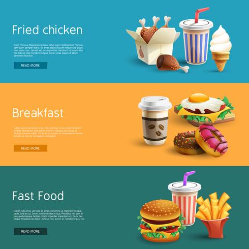 Opciones de comida rápida Pictogramas 3 Banners horizontales vector