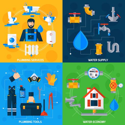 Plumber Service 4 Flat Icons Square  vector