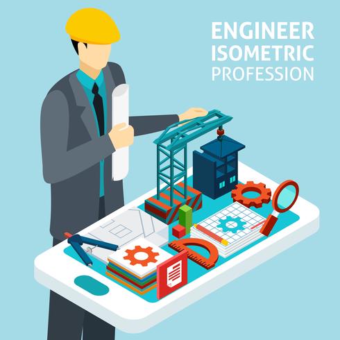 Profesión ingeniero concepto bandera isométrica vector