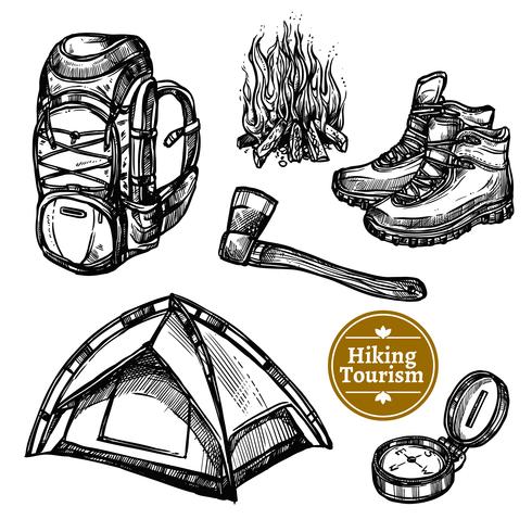 Turismo Camping Senderismo Sketch Set vector