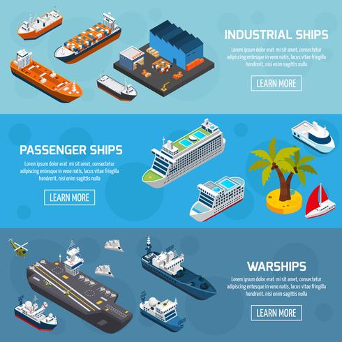Ships Boats Vessels Isometric Banners Set  vector