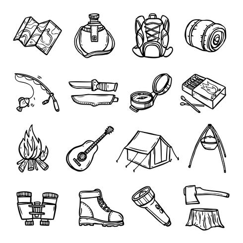 Camping Black White Icons Set  vector