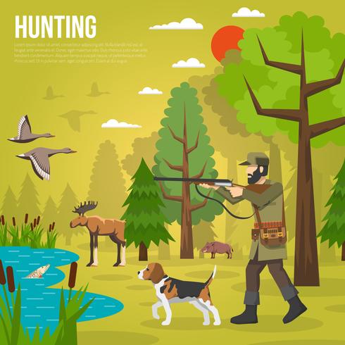 Flat Icons With Hunter Aiming At Ducks vector