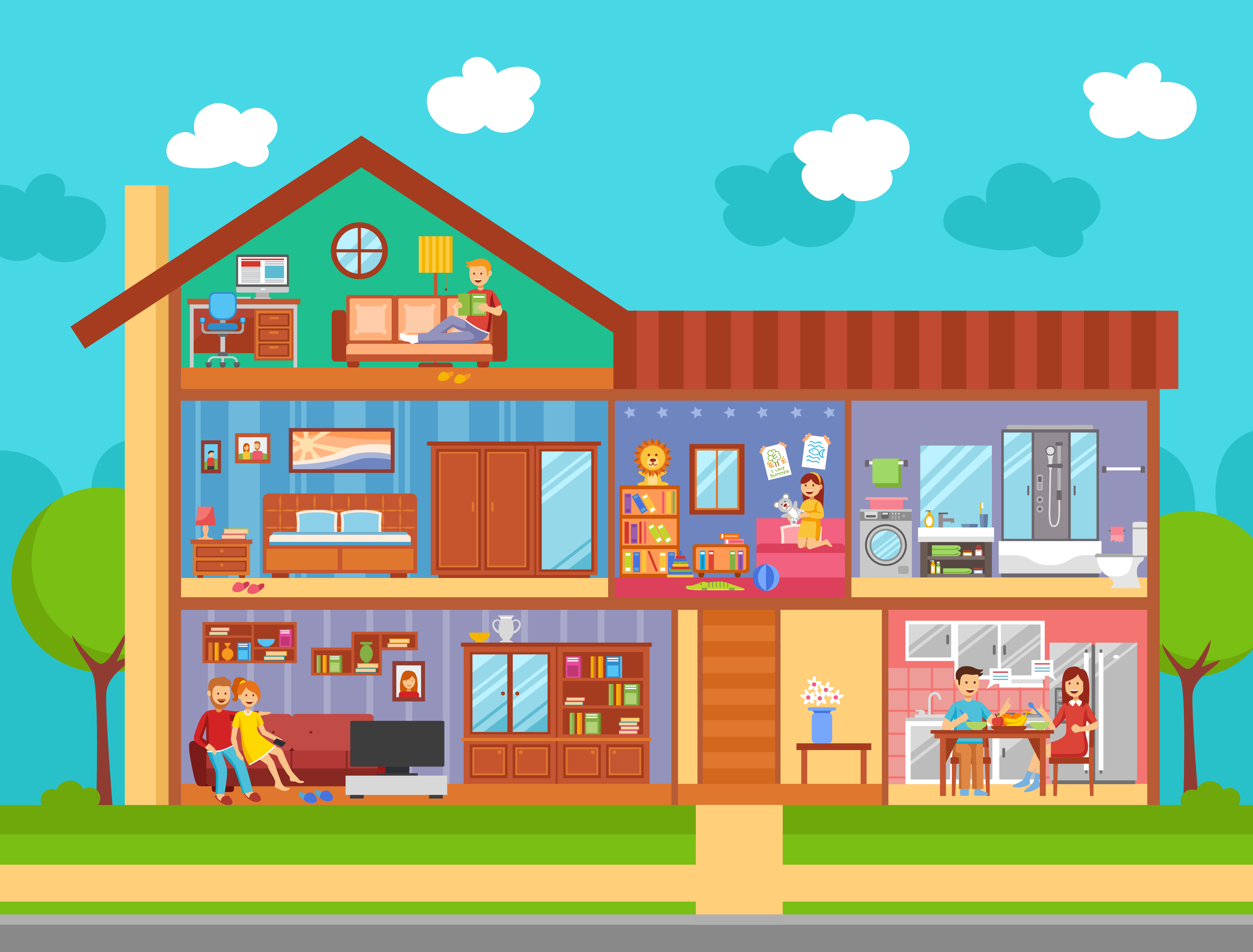 Трехэтажный дом семья Flat Design