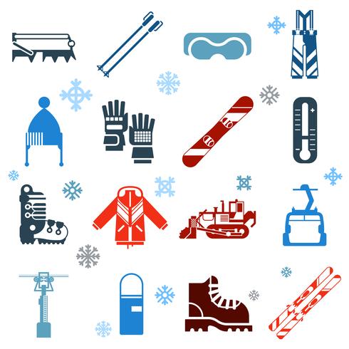 Iconos de esquí plana monocromo con copos de nieve vector