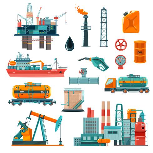 Conjunto de iconos de dibujos animados de la industria del petróleo vector