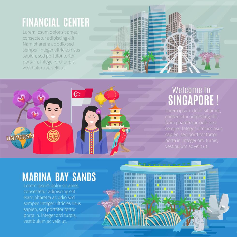 Singapore Culture 3 Horizontal Banners Set  vector