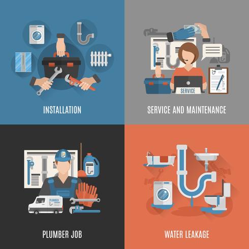 Servicio de fontanería 4 iconos planos cuadrados. vector