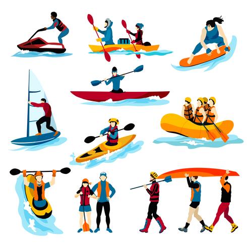 Gente en iconos de colores de deportes acuáticos extremos vector