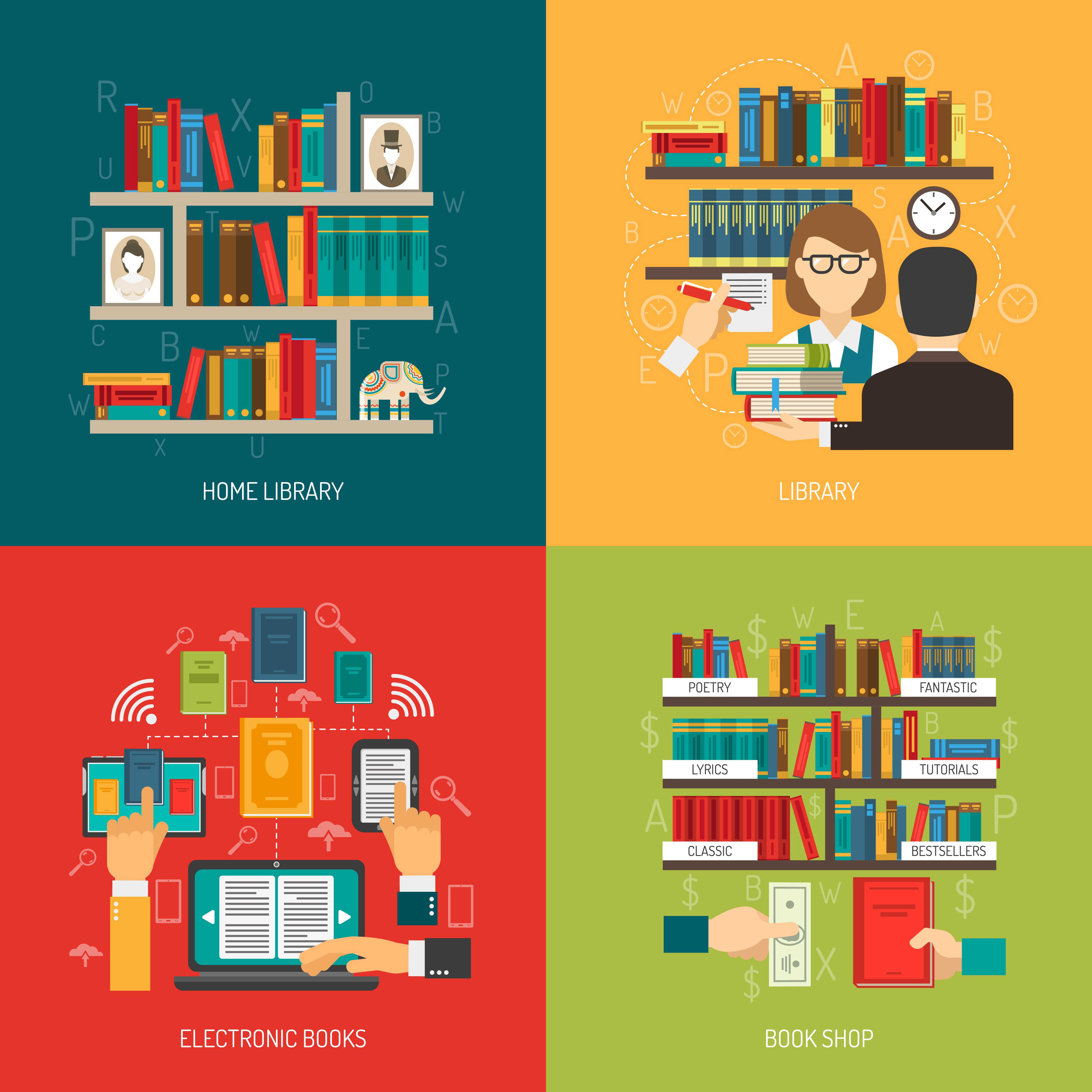Library Concept 4 Flat Icons Square - Download Free Vectors, Clipart