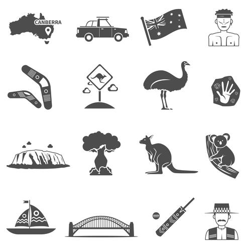 Australia negro blanco iconos conjunto vector