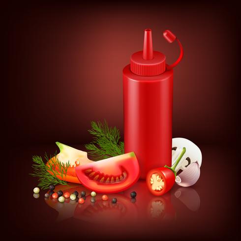 Realistic Background With Red Plastic Bottle And Vegetables  vector