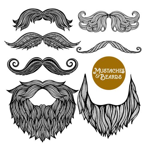 Conjunto de barba y bigote decorativos dibujados a mano vector