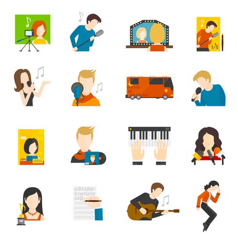 Conjunto de iconos planos de cantante pop vector