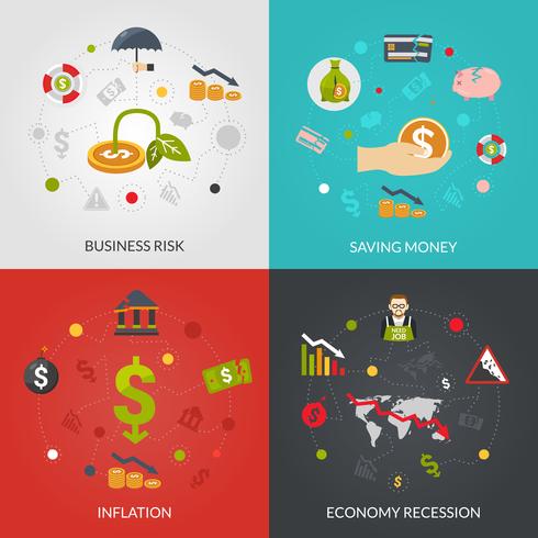 Crisis financiera 4 iconos planos cuadrados vector