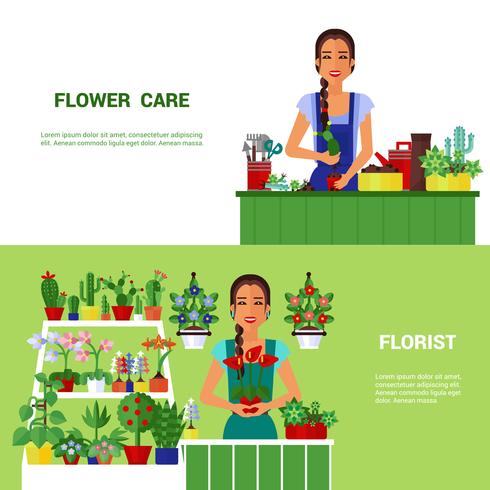 Florist House Plants  Flat Banners Set  vector