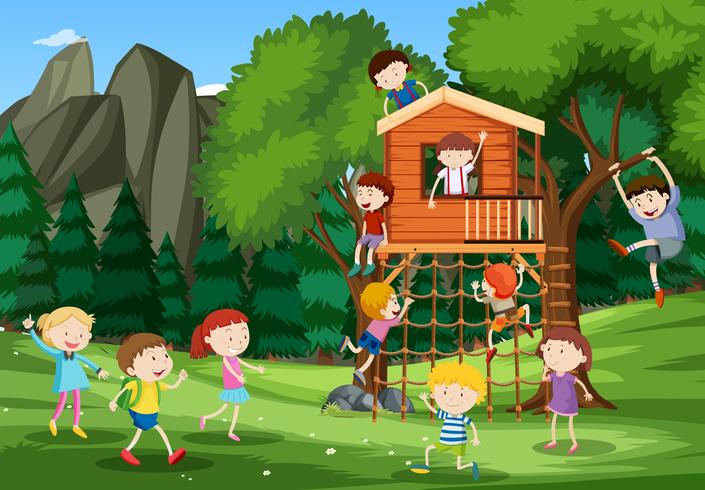 Children playing at treehouse vector