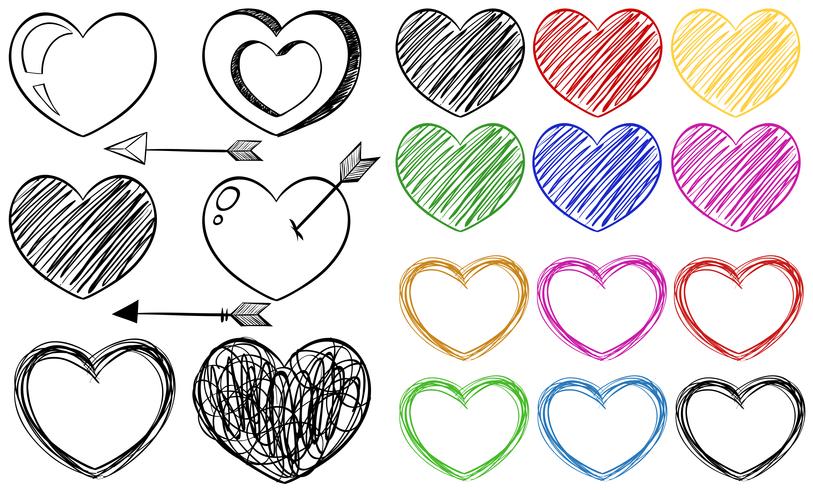 Doodle diferentes diseños de formas de corazón. vector