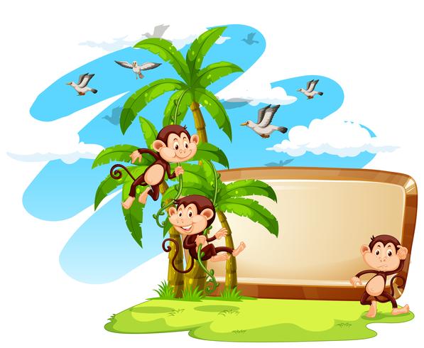 Sign with monkeys and coconut tree vector