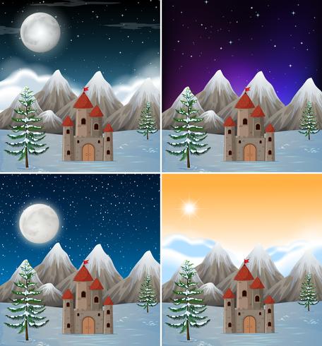 Set of snowy castle scenes vector