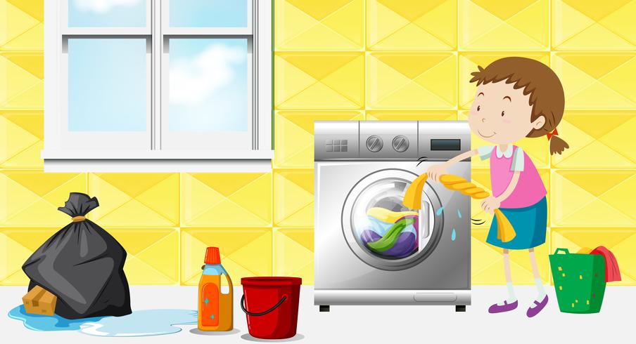 Girl doing laundry in the room vector