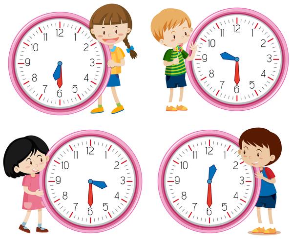 Niños con reloj sobre fondo blanco vector