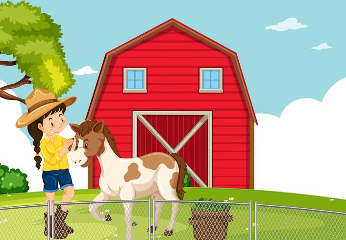 A girl with horse at farmland vector