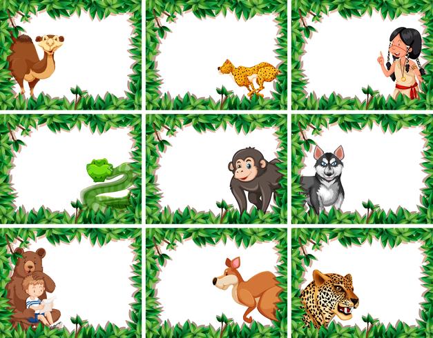 Conjunto de animales en borde de naturaleza vector