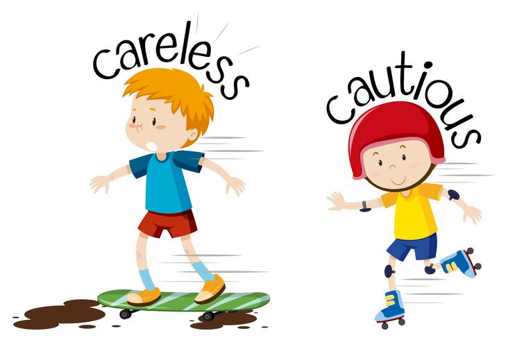 English opposite word  careless and cautious vector