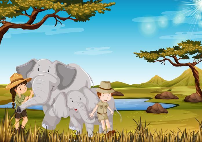 Zookeeper con elefante en el zoológico vector