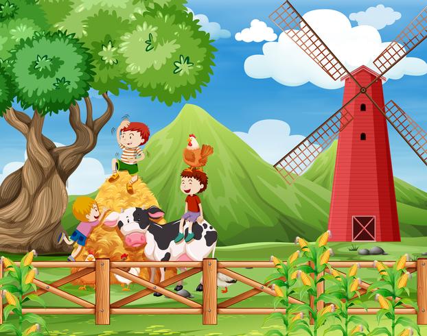 A Farm with cows scene vector