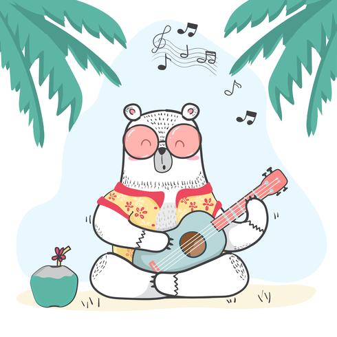 lindo doodle de oso blanco en camisa de verano toca la guitarra vector