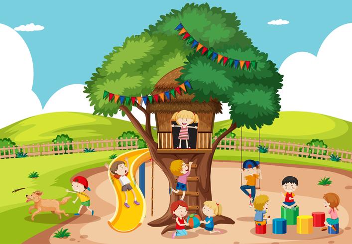 Niños jugando en la casa del árbol vector