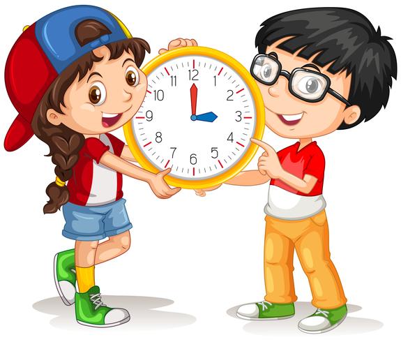 Niño y niña, tenencia, reloj vector