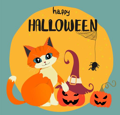 Happy Halloween card with hand drawn orange cat and pumpkins against full moon vector