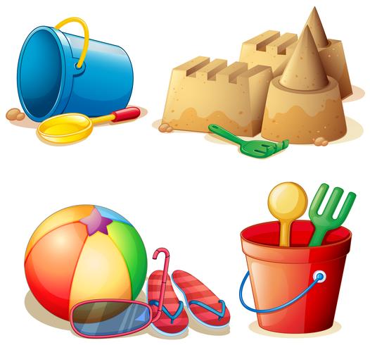 Cubo de juguetes y castillo de arena. vector