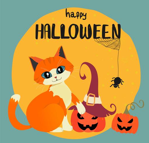 Feliz tarjeta de Halloween con gato naranja dibujado mano y calabazas contra la luna llena vector