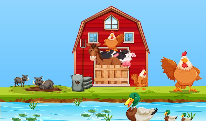 Escena de animales de granja feliz vector