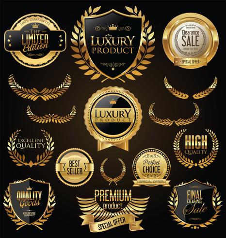 Insignias y etiquetas de oro premium de lujo vector