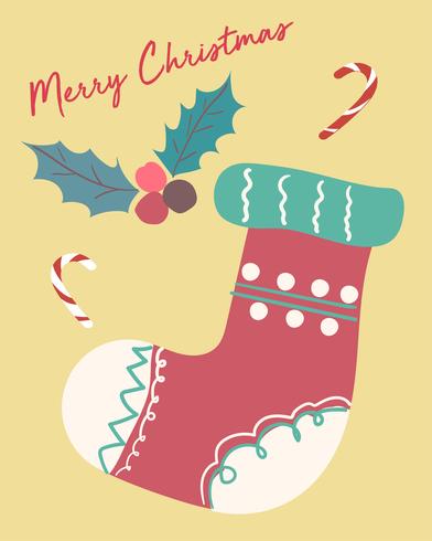 Vector plano de tarjeta de Navidad lindo fastive vintage calcetín