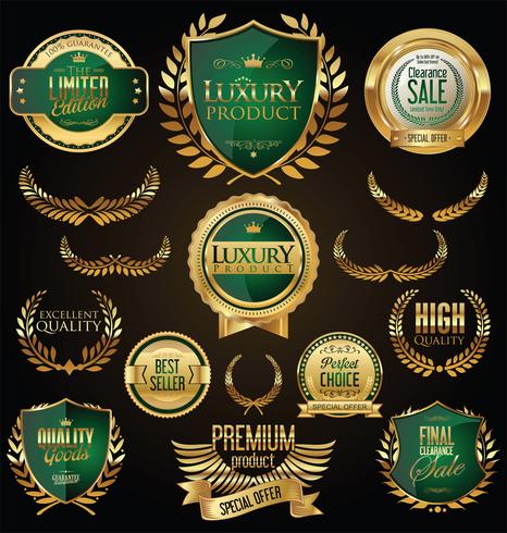 Insignias y etiquetas de oro premium de lujo vector