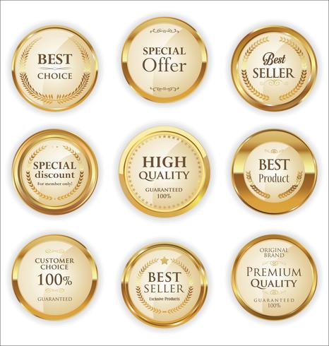 Insignias y etiquetas de oro premium de lujo vector