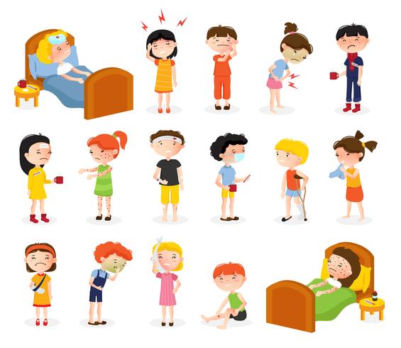 Conjunto de Doodle de niños enfermos vector