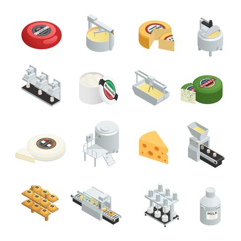 Colección de iconos isométricos de producción de queso vector