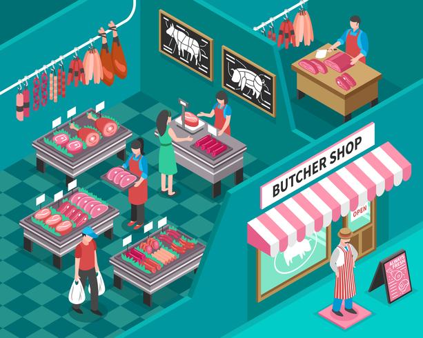 Ilustración isométrica tienda de carne vector