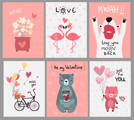 collection of pink love card flat vector 