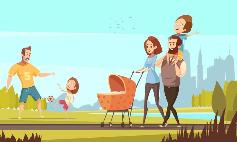 Family Outdoor  Retro Cartoon Illustration  vector