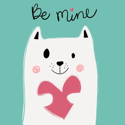 cute white cat holding pink heart on mint background, idea for card vector