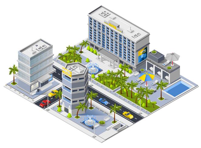 Concepto de diseño isométrico de edificios de hotel de lujo vector