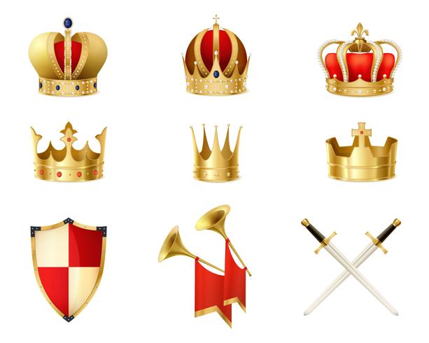 Set Of Realistic Golden Royal Crowns  vector